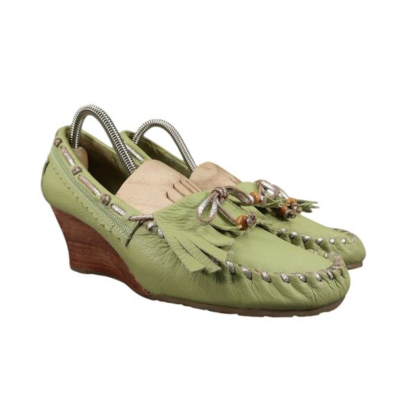 Sam Edelman Shoes Womens 8.5 Moccasin Wedge Fashion Y2k Fringe Leather Green Bow - Picture 1 of 14